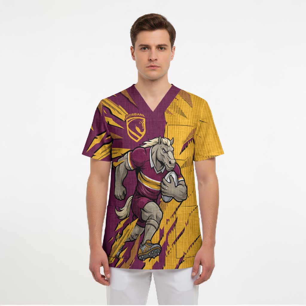 Personalized Brisbane Broncos Scrub Top Dynamic Lightning Mascot Rugby Australia