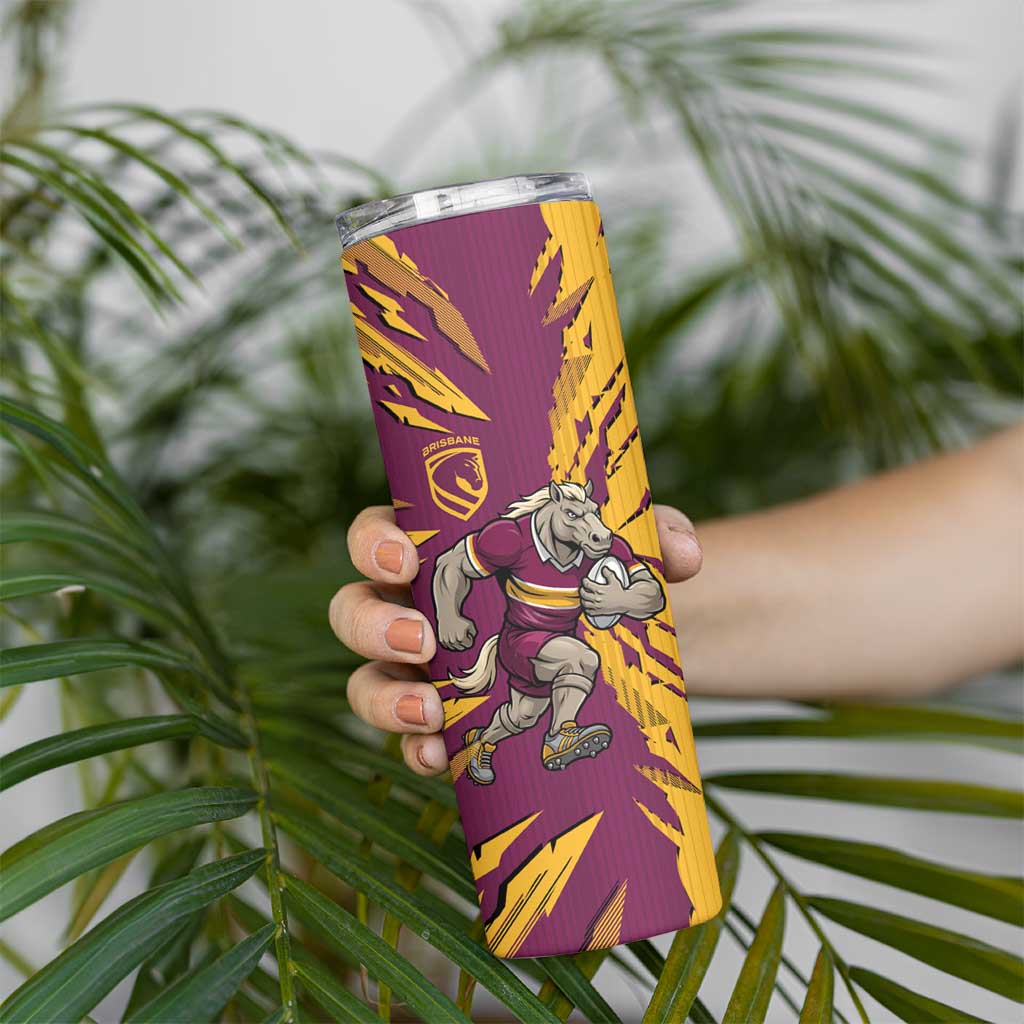 Personalized Brisbane Broncos Skinny Tumbler Dynamic Lightning Mascot Rugby Australia