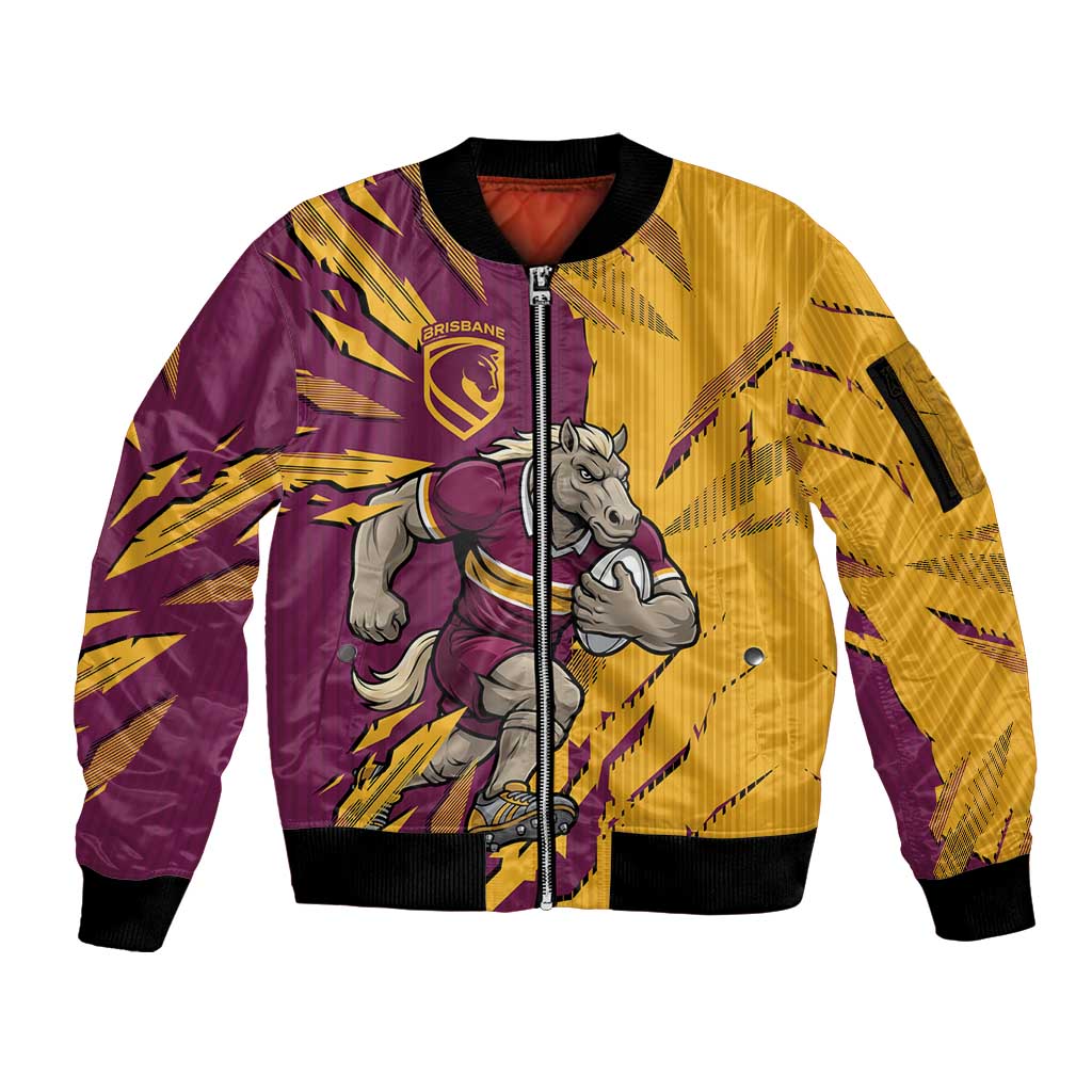 Personalized Brisbane Broncos Sleeve Zip Bomber Jacket Dynamic Lightning Mascot Rugby Australia