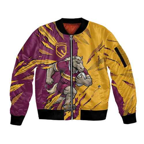 Personalized Brisbane Broncos Sleeve Zip Bomber Jacket Dynamic Lightning Mascot Rugby Australia