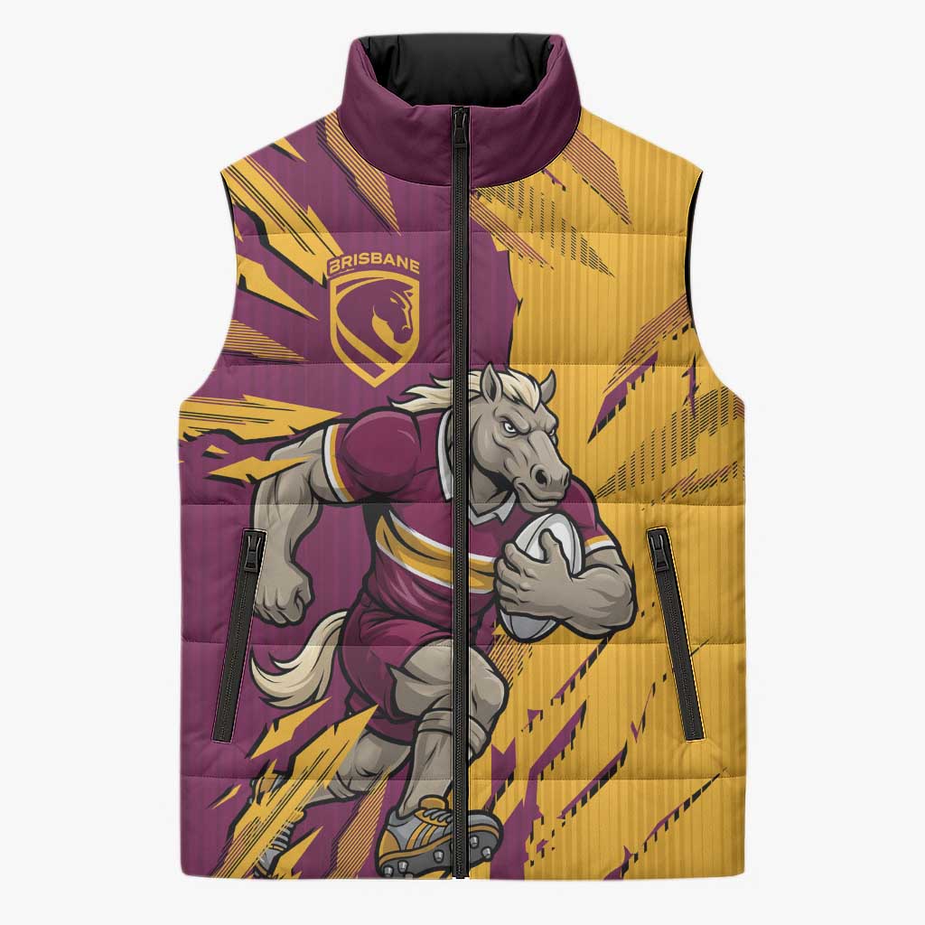 Personalized Brisbane Broncos Sleeveless Puffer Jacket Dynamic Lightning Mascot Rugby Australia