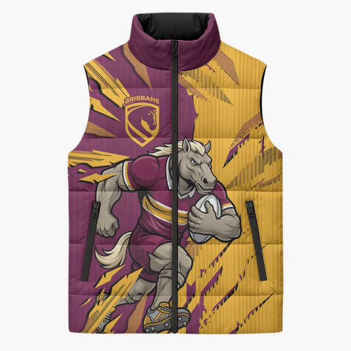 Personalized Brisbane Broncos Sleeveless Puffer Jacket Dynamic Lightning Mascot Rugby Australia