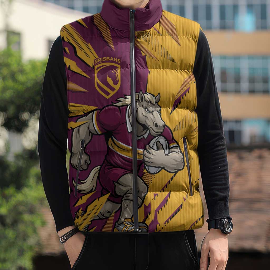 Personalized Brisbane Broncos Sleeveless Puffer Jacket Dynamic Lightning Mascot Rugby Australia