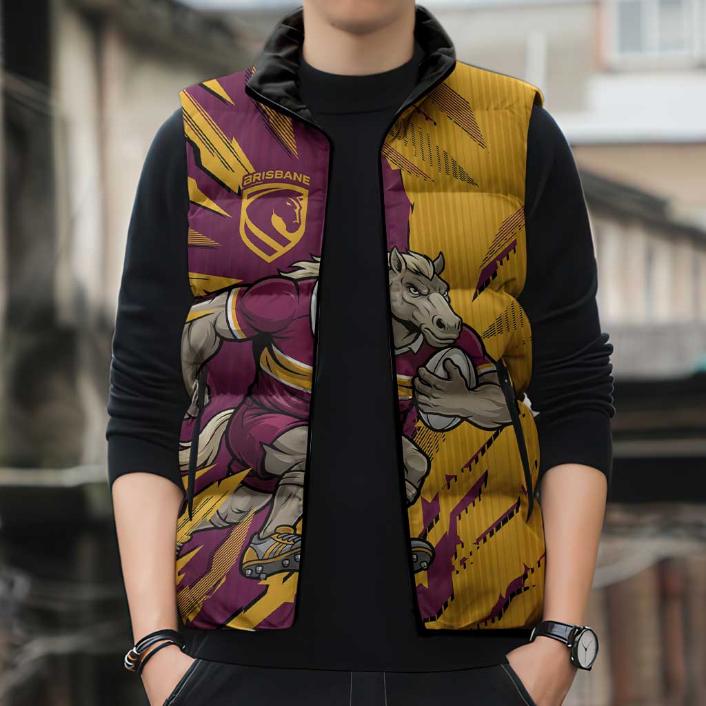 Personalized Brisbane Broncos Sleeveless Puffer Jacket Dynamic Lightning Mascot Rugby Australia