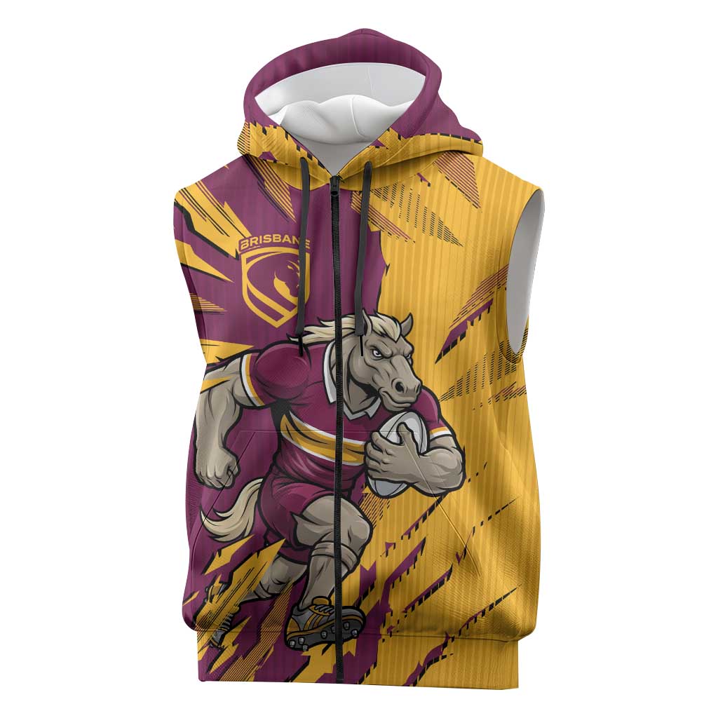 Personalized Brisbane Broncos Sleeveless Zip Hoodie Dynamic Lightning Mascot Rugby Australia