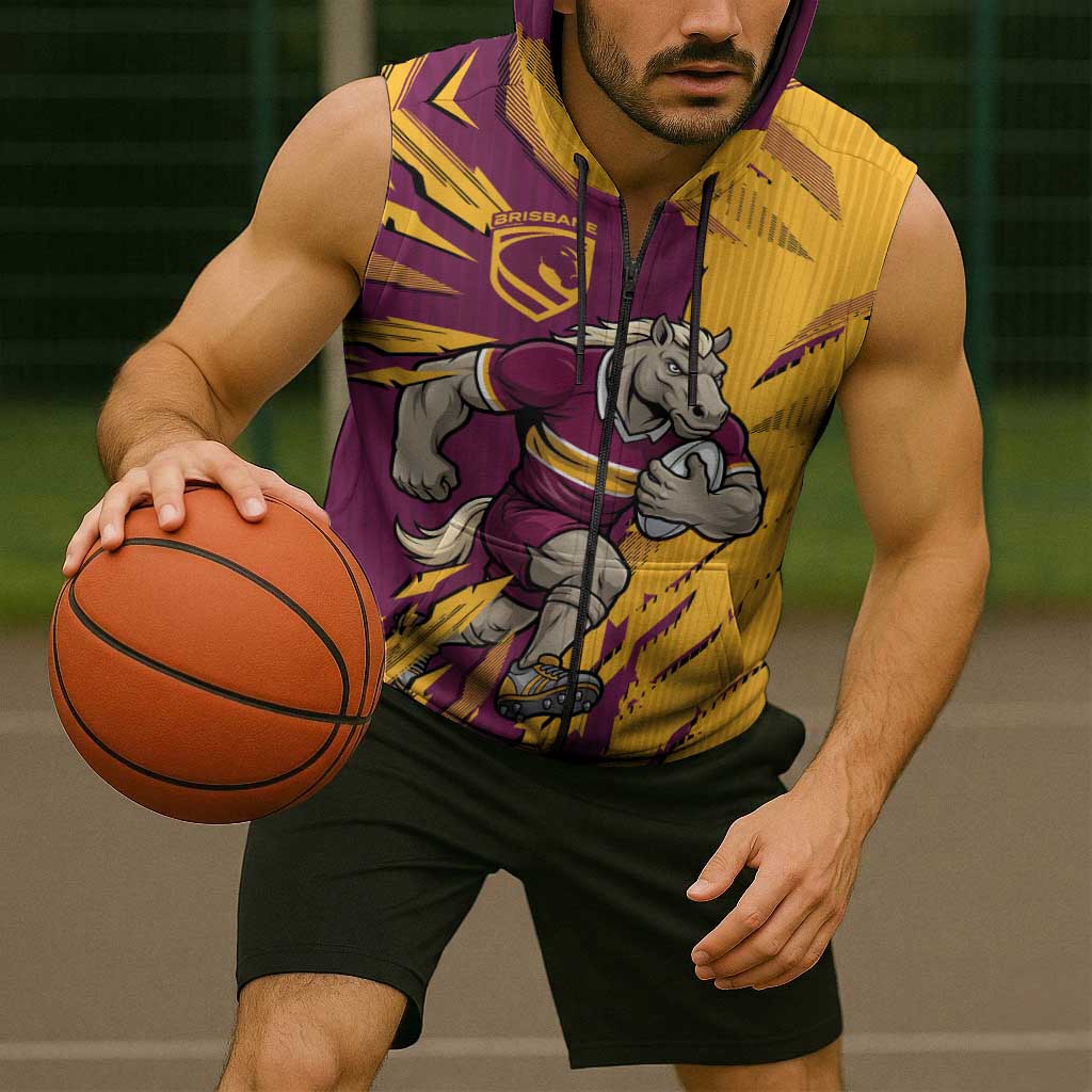 Personalized Brisbane Broncos Sleeveless Zip Hoodie Dynamic Lightning Mascot Rugby Australia