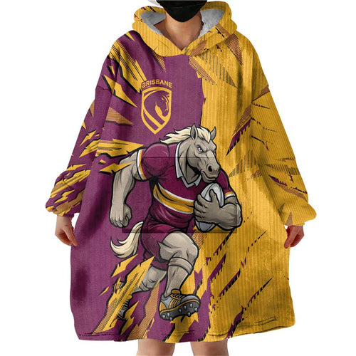 Personalized Brisbane Broncos Wearable Blanket Hoodie Dynamic Lightning Mascot Rugby Australia