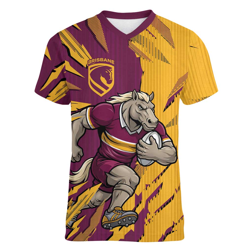 Personalized Brisbane Broncos Women V-Neck T-Shirt Dynamic Lightning Mascot Rugby Australia