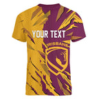 Personalized Brisbane Broncos Women V-Neck T-Shirt Dynamic Lightning Mascot Rugby Australia