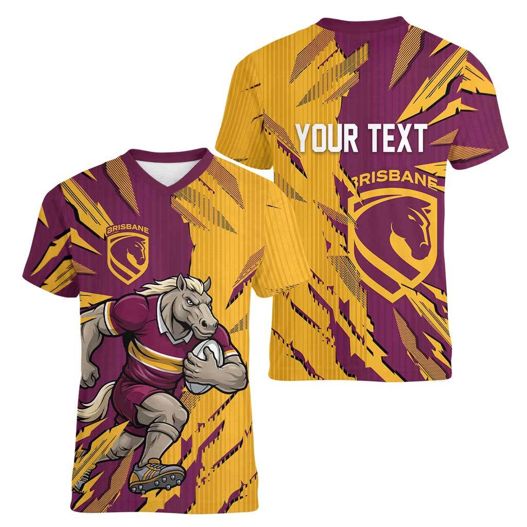 Personalized Brisbane Broncos Women V-Neck T-Shirt Dynamic Lightning Mascot Rugby Australia