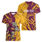 Personalized Brisbane Broncos Women V-Neck T-Shirt Dynamic Lightning Mascot Rugby Australia