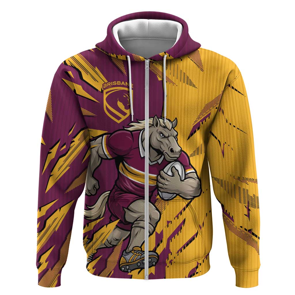 Personalized Brisbane Broncos Zip Hoodie Dynamic Lightning Mascot Rugby Australia