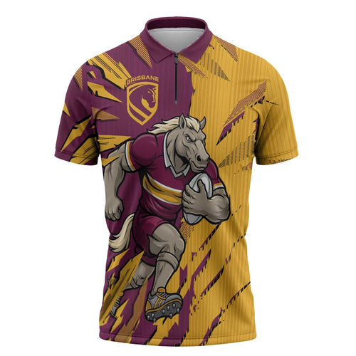 Personalized Brisbane Broncos Zipper Polo Shirt Dynamic Lightning Mascot Rugby Australia