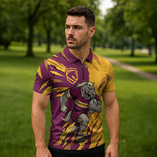 Personalized Brisbane Broncos Zipper Polo Shirt Dynamic Lightning Mascot Rugby Australia