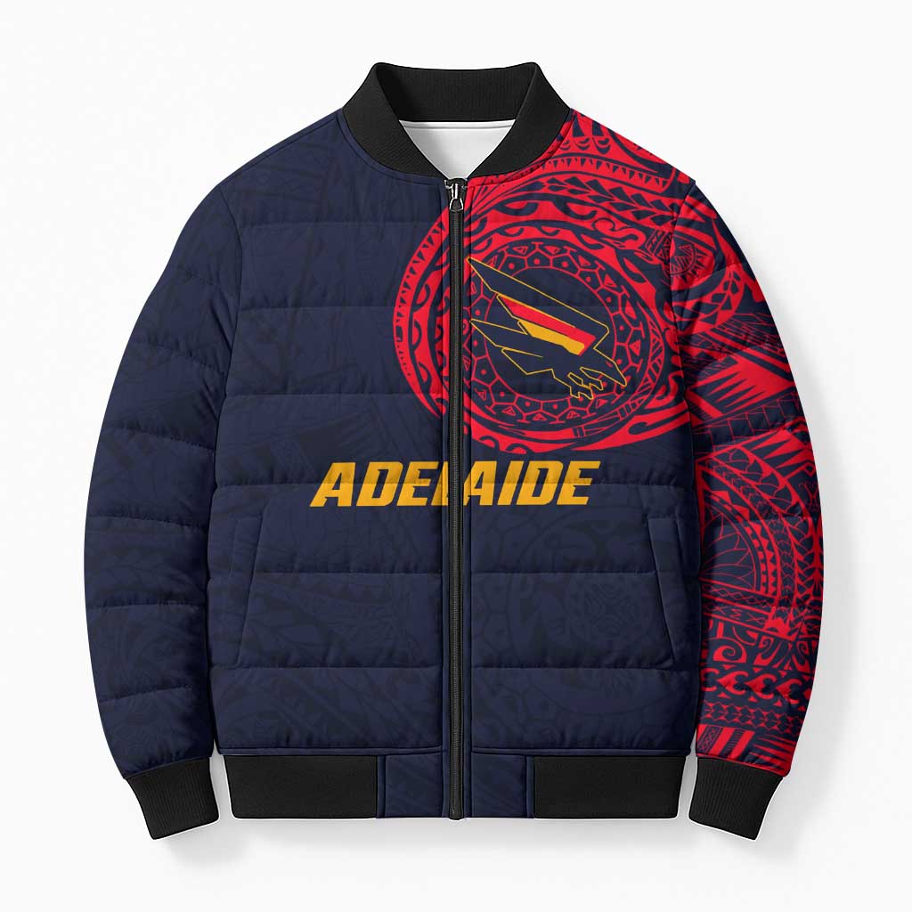 Personalized Adelaide Crows Polynesian Bomber Puffer Jacket Tribal Chest and Sleeve Tattoo Heritage Warrior