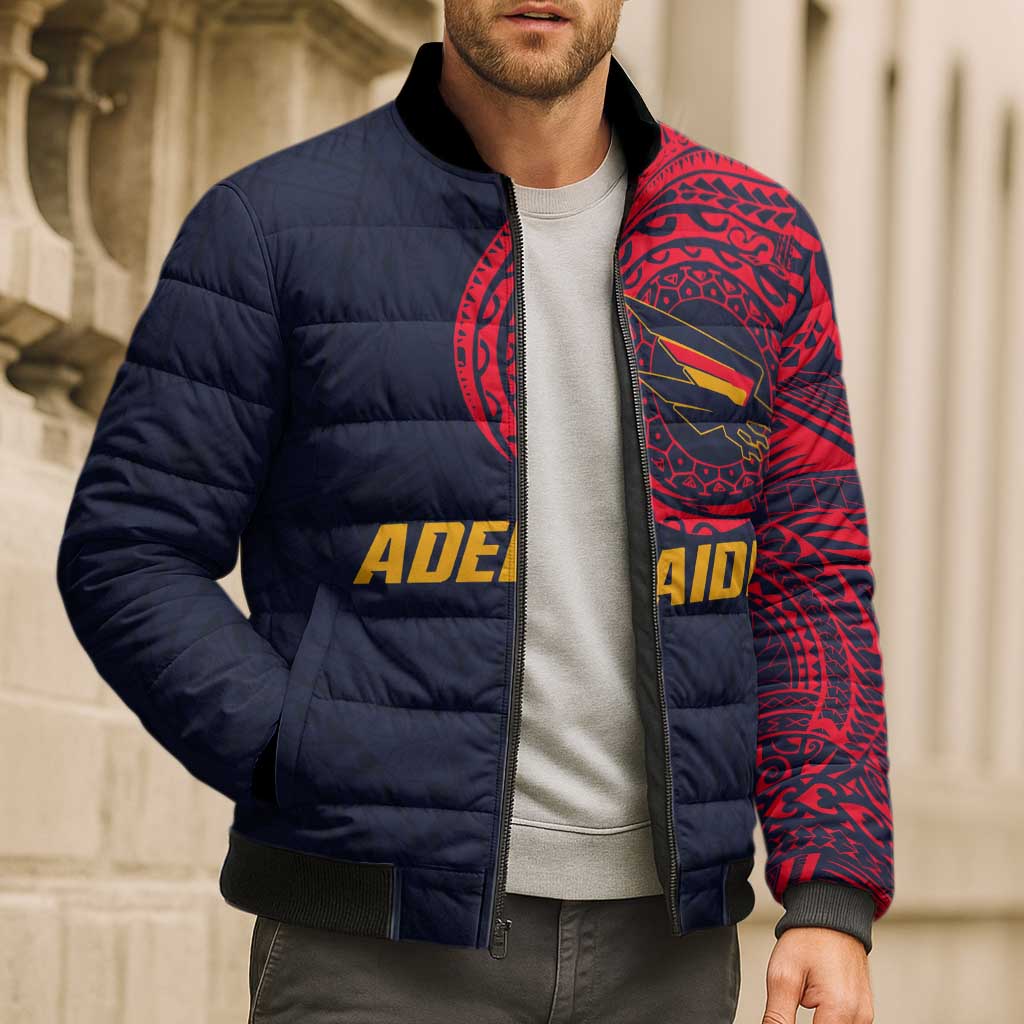 Personalized Adelaide Crows Polynesian Bomber Puffer Jacket Tribal Chest and Sleeve Tattoo Heritage Warrior