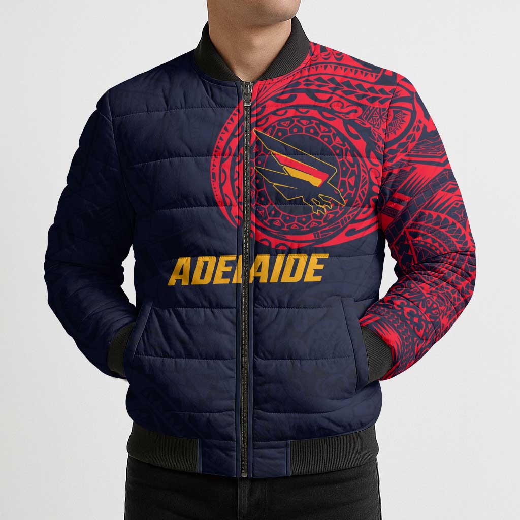 Personalized Adelaide Crows Polynesian Bomber Puffer Jacket Tribal Chest and Sleeve Tattoo Heritage Warrior
