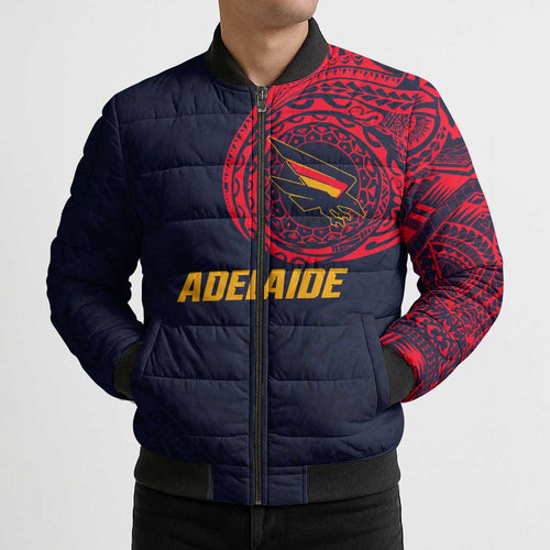 Personalized Adelaide Crows Polynesian Bomber Puffer Jacket Tribal Chest and Sleeve Tattoo Heritage Warrior