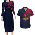 Personalized Adelaide Crows Polynesian Couples Matching Long Sleeve Bodycon Dress and Hawaiian Shirt Tribal Chest and Sleeve Tattoo Heritage Warrior