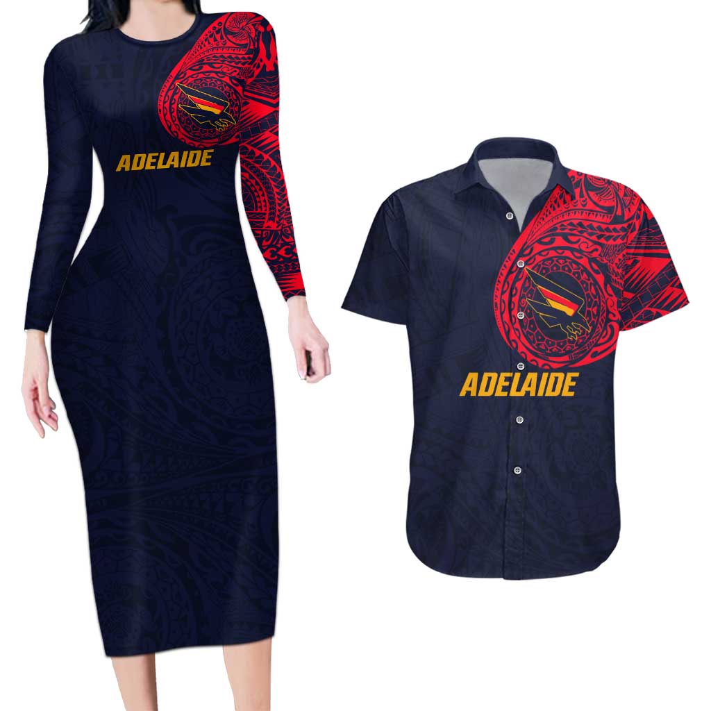 Personalized Adelaide Crows Polynesian Couples Matching Long Sleeve Bodycon Dress and Hawaiian Shirt Tribal Chest and Sleeve Tattoo Heritage Warrior