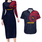 Personalized Adelaide Crows Polynesian Couples Matching Long Sleeve Bodycon Dress and Hawaiian Shirt Tribal Chest and Sleeve Tattoo Heritage Warrior