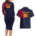 Personalized Adelaide Crows Polynesian Couples Matching Long Sleeve Bodycon Dress and Hawaiian Shirt Tribal Chest and Sleeve Tattoo Heritage Warrior