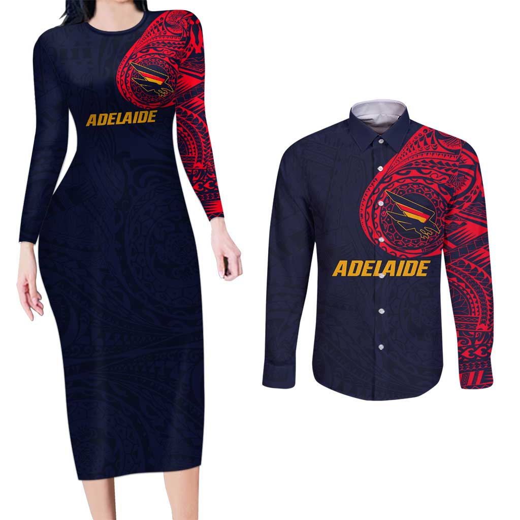 Personalized Adelaide Crows Polynesian Couples Matching Long Sleeve Bodycon Dress and Long Sleeve Button Shirt Tribal Chest and Sleeve Tattoo Heritage Warrior