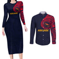 Personalized Adelaide Crows Polynesian Couples Matching Long Sleeve Bodycon Dress and Long Sleeve Button Shirt Tribal Chest and Sleeve Tattoo Heritage Warrior