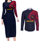 Personalized Adelaide Crows Polynesian Couples Matching Long Sleeve Bodycon Dress and Long Sleeve Button Shirt Tribal Chest and Sleeve Tattoo Heritage Warrior