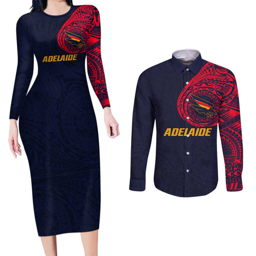 Personalized Adelaide Crows Polynesian Couples Matching Long Sleeve Bodycon Dress and Long Sleeve Button Shirt Tribal Chest and Sleeve Tattoo Heritage Warrior