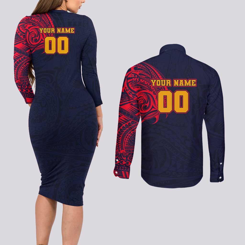 Personalized Adelaide Crows Polynesian Couples Matching Long Sleeve Bodycon Dress and Long Sleeve Button Shirt Tribal Chest and Sleeve Tattoo Heritage Warrior
