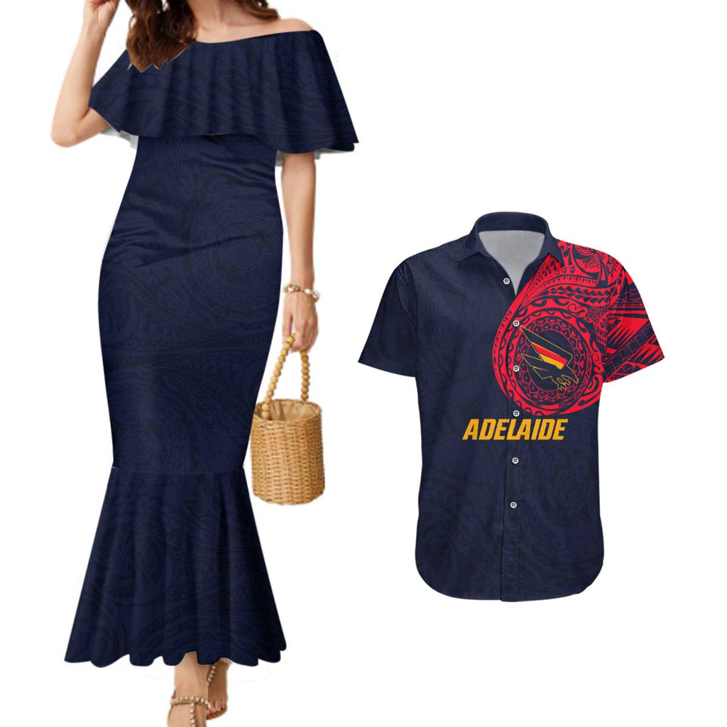 Personalized Adelaide Crows Polynesian Couples Matching Mermaid Dress and Hawaiian Shirt Tribal Chest and Sleeve Tattoo Heritage Warrior