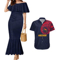 Personalized Adelaide Crows Polynesian Couples Matching Mermaid Dress and Hawaiian Shirt Tribal Chest and Sleeve Tattoo Heritage Warrior