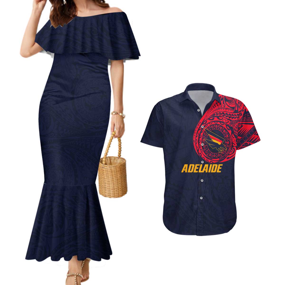 Personalized Adelaide Crows Polynesian Couples Matching Mermaid Dress and Hawaiian Shirt Tribal Chest and Sleeve Tattoo Heritage Warrior