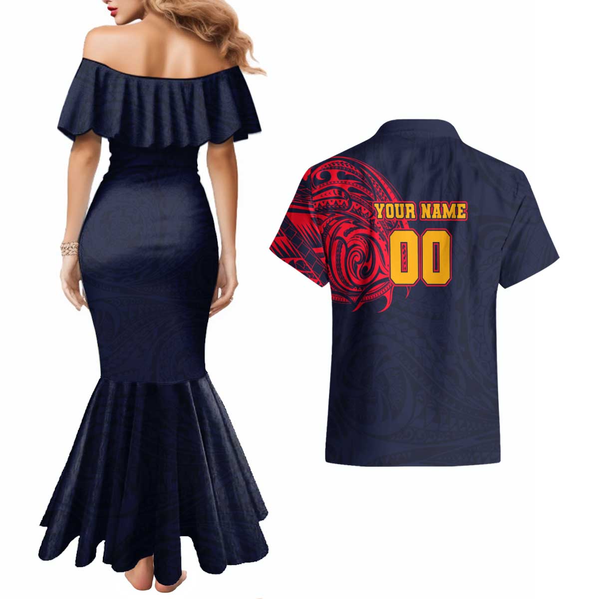 Personalized Adelaide Crows Polynesian Couples Matching Mermaid Dress and Hawaiian Shirt Tribal Chest and Sleeve Tattoo Heritage Warrior