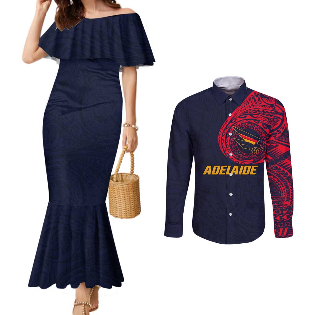 Personalized Adelaide Crows Polynesian Couples Matching Mermaid Dress and Long Sleeve Button Shirt Tribal Chest and Sleeve Tattoo Heritage Warrior