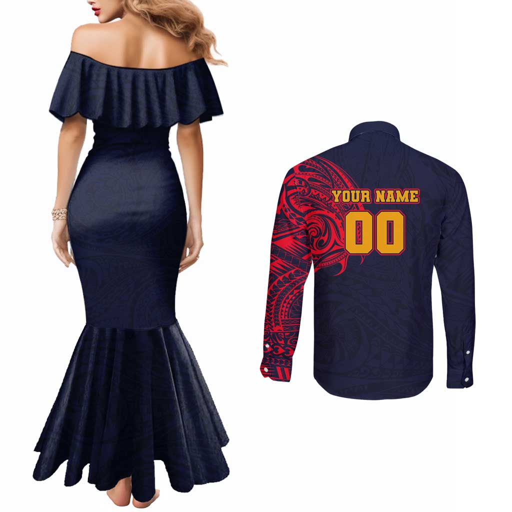 Personalized Adelaide Crows Polynesian Couples Matching Mermaid Dress and Long Sleeve Button Shirt Tribal Chest and Sleeve Tattoo Heritage Warrior