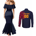 Personalized Adelaide Crows Polynesian Couples Matching Mermaid Dress and Long Sleeve Button Shirt Tribal Chest and Sleeve Tattoo Heritage Warrior