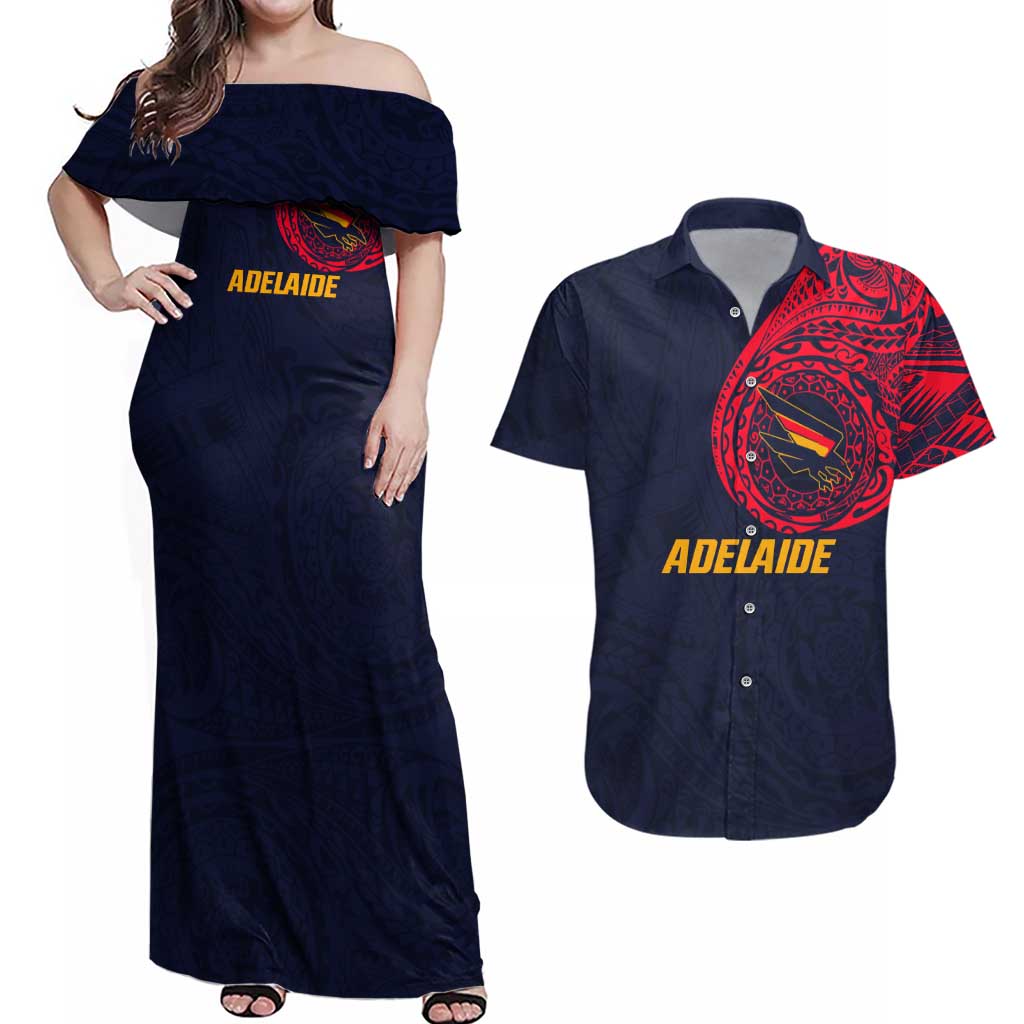 Personalized Adelaide Crows Polynesian Couples Matching Off Shoulder Maxi Dress and Hawaiian Shirt Tribal Chest and Sleeve Tattoo Heritage Warrior