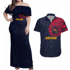 Personalized Adelaide Crows Polynesian Couples Matching Off Shoulder Maxi Dress and Hawaiian Shirt Tribal Chest and Sleeve Tattoo Heritage Warrior