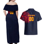 Personalized Adelaide Crows Polynesian Couples Matching Off Shoulder Maxi Dress and Hawaiian Shirt Tribal Chest and Sleeve Tattoo Heritage Warrior