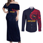 Personalized Adelaide Crows Polynesian Couples Matching Off Shoulder Maxi Dress and Long Sleeve Button Shirt Tribal Chest and Sleeve Tattoo Heritage Warrior