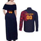 Personalized Adelaide Crows Polynesian Couples Matching Off Shoulder Maxi Dress and Long Sleeve Button Shirt Tribal Chest and Sleeve Tattoo Heritage Warrior