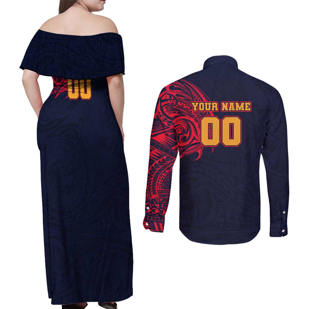Personalized Adelaide Crows Polynesian Couples Matching Off Shoulder Maxi Dress and Long Sleeve Button Shirt Tribal Chest and Sleeve Tattoo Heritage Warrior