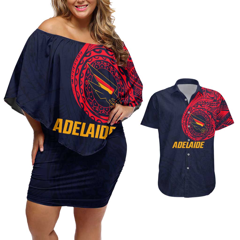 Personalized Adelaide Crows Polynesian Couples Matching Off Shoulder Short Dress and Hawaiian Shirt Tribal Chest and Sleeve Tattoo Heritage Warrior
