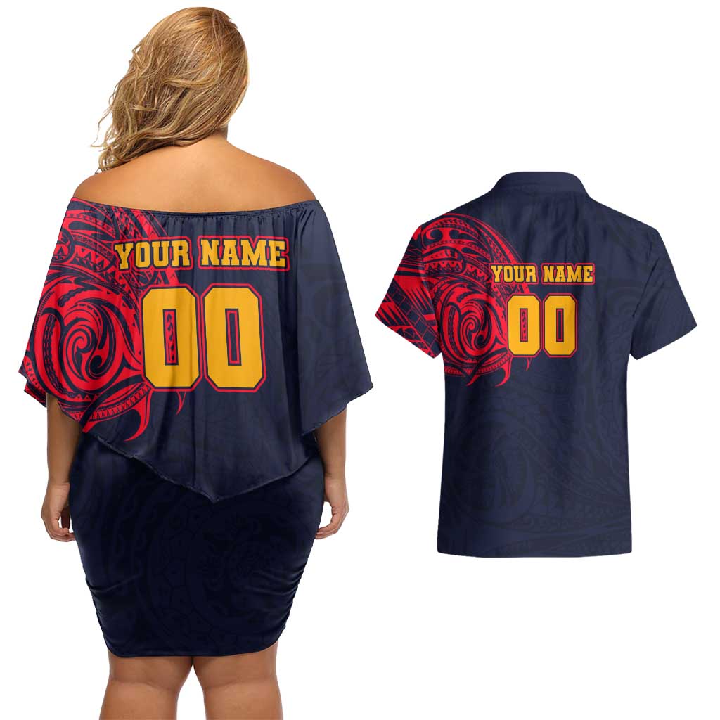 Personalized Adelaide Crows Polynesian Couples Matching Off Shoulder Short Dress and Hawaiian Shirt Tribal Chest and Sleeve Tattoo Heritage Warrior