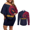 Personalized Adelaide Crows Polynesian Couples Matching Off Shoulder Short Dress and Long Sleeve Button Shirt Tribal Chest and Sleeve Tattoo Heritage Warrior