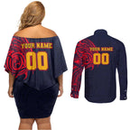 Personalized Adelaide Crows Polynesian Couples Matching Off Shoulder Short Dress and Long Sleeve Button Shirt Tribal Chest and Sleeve Tattoo Heritage Warrior