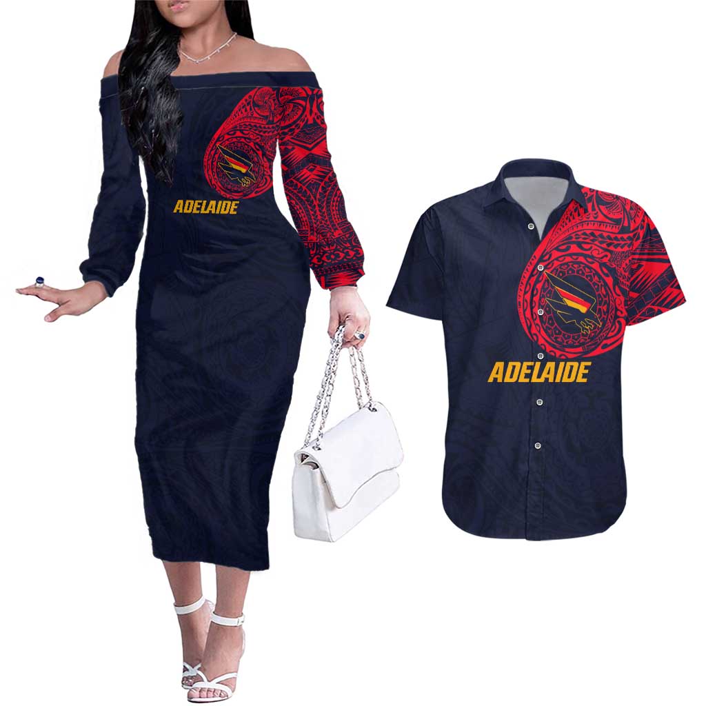 Personalized Adelaide Crows Polynesian Couples Matching Off The Shoulder Long Sleeve Dress and Hawaiian Shirt Tribal Chest and Sleeve Tattoo Heritage Warrior