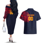 Personalized Adelaide Crows Polynesian Couples Matching Off The Shoulder Long Sleeve Dress and Hawaiian Shirt Tribal Chest and Sleeve Tattoo Heritage Warrior